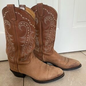 Tony Lama Brown Leather Boots with Cream Embroidery